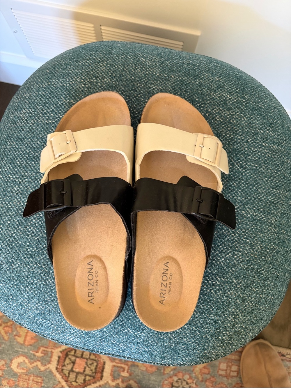Arizona Jean Company Black and Cream Double Buckle Slide Sandals